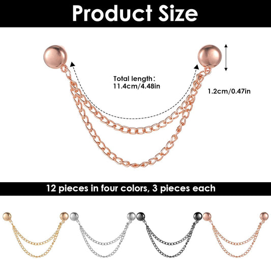 12PCS Metal Clothes Pins with Chain, Multi-Use Clothing Clips for Hijab Scarf, Muslim Dress, Shirt Sleeves & Hem, 4 Colors, Fashion Accessories for Women Sleeve Clips