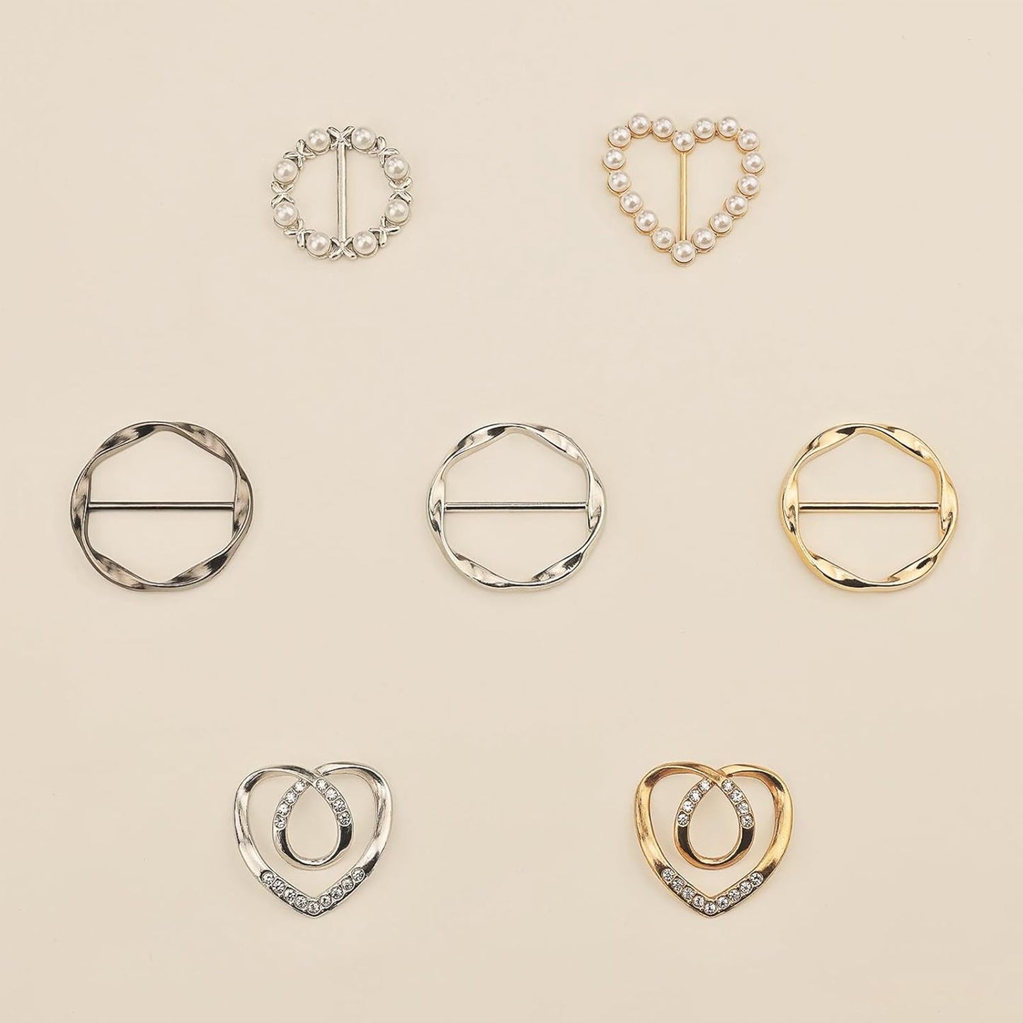 7PCS Premium Scarf Ring Clip, Cute T-Shirt Clips for Women Clothing, 4 Different Sized Shirt Ties Clips Waist Cinch Clip Buckle for Women Clothing Accessories, Gold/Silver/Black