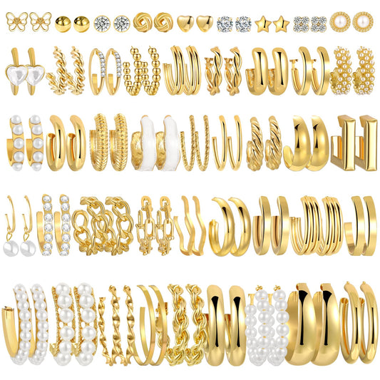 42 Pairs Gold Hoop Earrings Set for Women, Fashion Chunky Pearl Earrings Multipack Twisted Statement Earring Pack, Hypoallergenic Small Big Hoops Earrings for Birthday Party