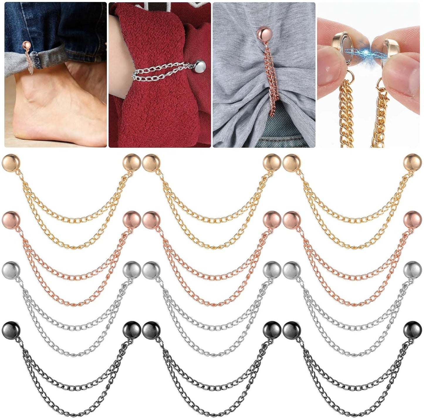 12PCS Metal Clothes Pins with Chain, Multi-Use Clothing Clips for Hijab Scarf, Muslim Dress, Shirt Sleeves & Hem, 4 Colors, Fashion Accessories for Women Sleeve Clips