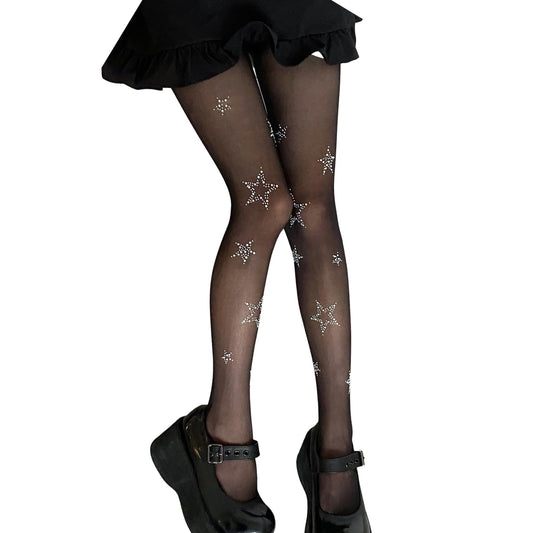 Women's Fishnet Stockings Sparkly Rhinestone Tights Black Glitter Fishnets