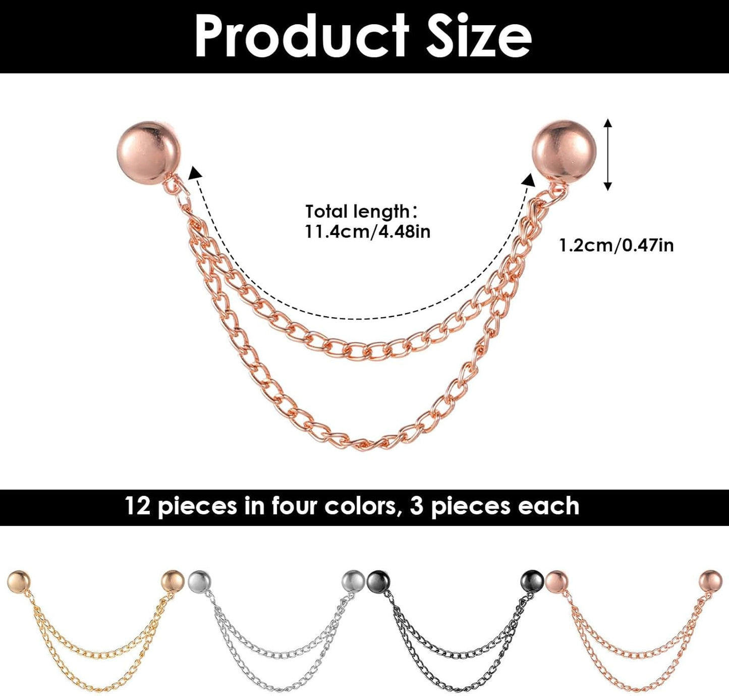 12PCS Metal Clothes Pins with Chain, Multi-Use Clothing Clips for Hijab Scarf, Muslim Dress, Shirt Sleeves & Hem, 4 Colors, Fashion Accessories for Women Sleeve Clips