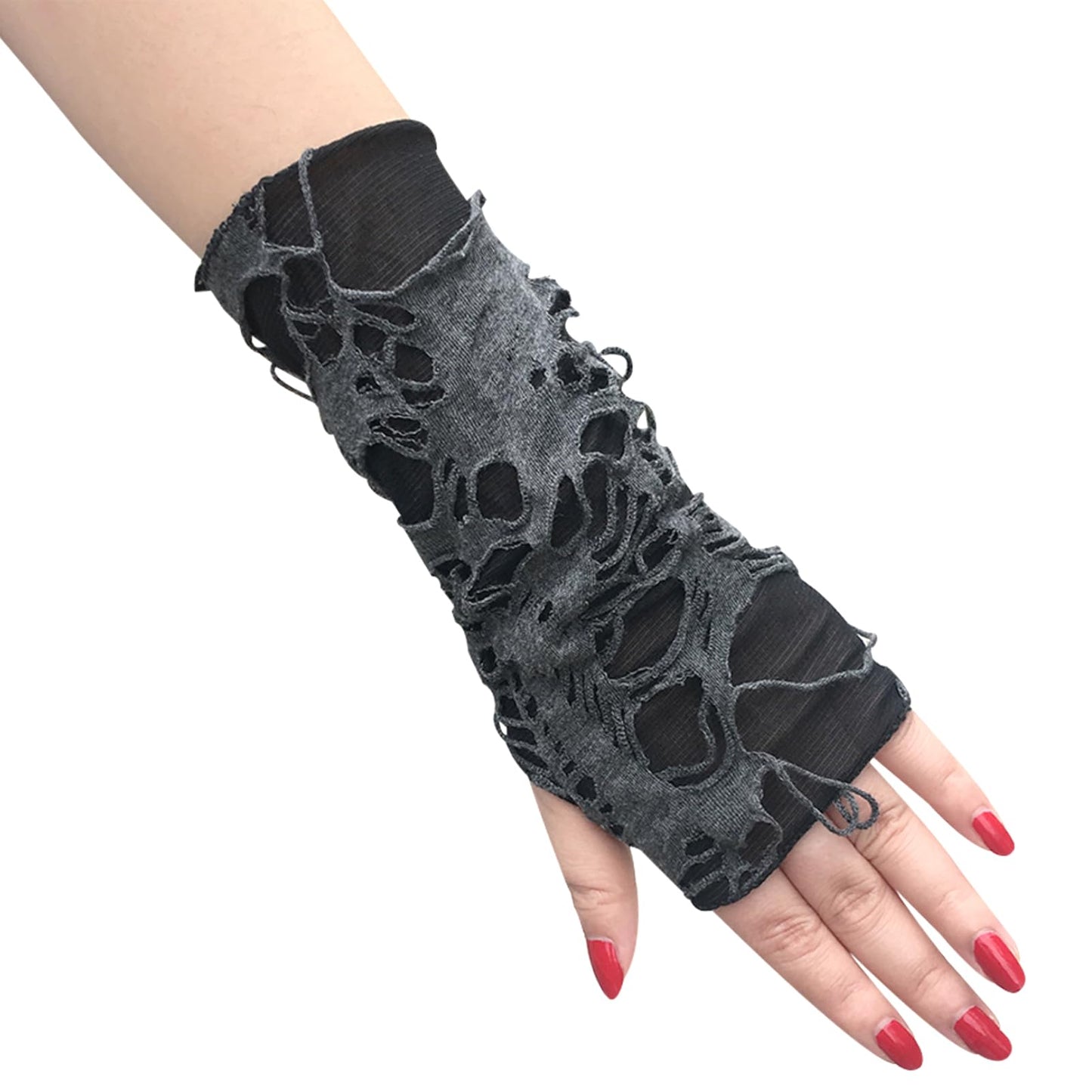 Women's Punk Fingerless Gloves Arm Warmers Black Broken Slit Ripped Gothic Gloves for Halloween Costume Party 1 Pair