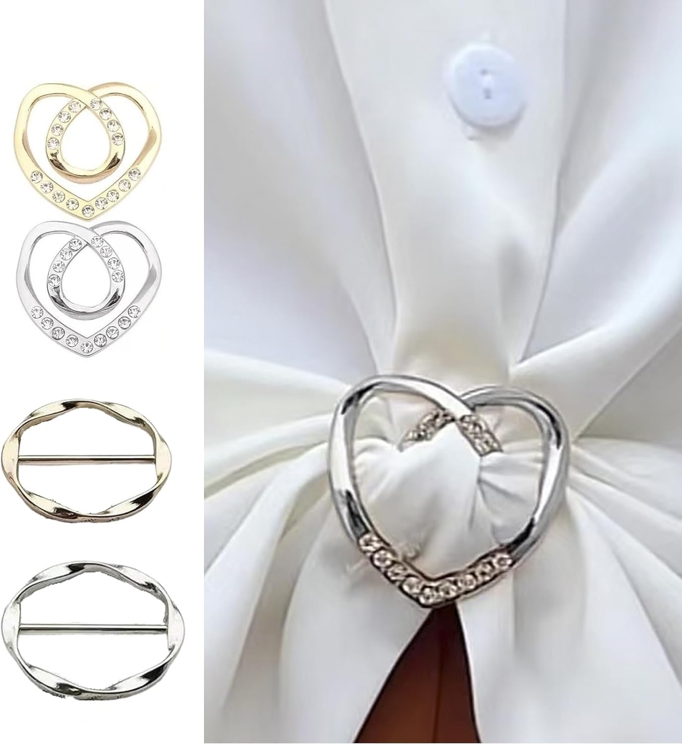 7PCS Premium Scarf Ring Clip, Cute T-Shirt Clips for Women Clothing, 4 Different Sized Shirt Ties Clips Waist Cinch Clip Buckle for Women Clothing Accessories, Gold/Silver/Black