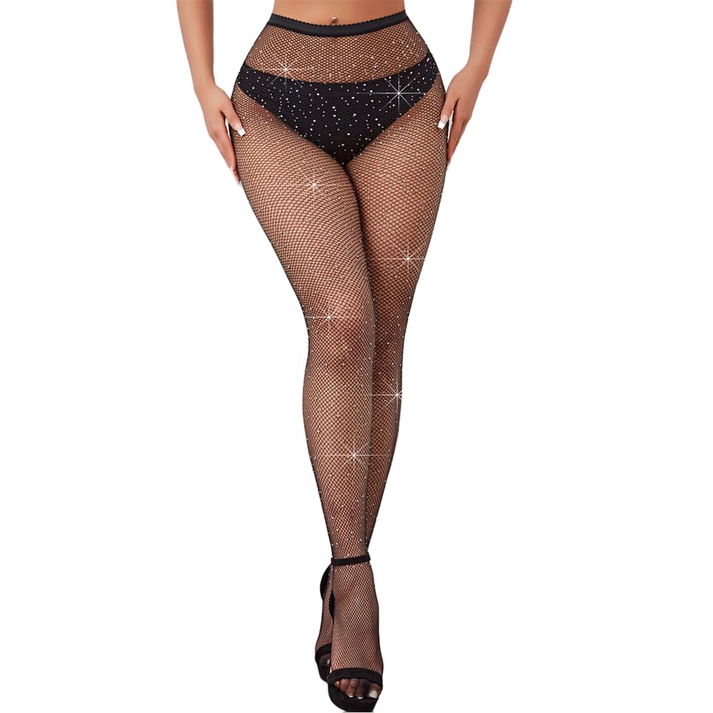 Women's Fishnet Stockings Sparkly Rhinestone Tights Black Glitter Fishnets