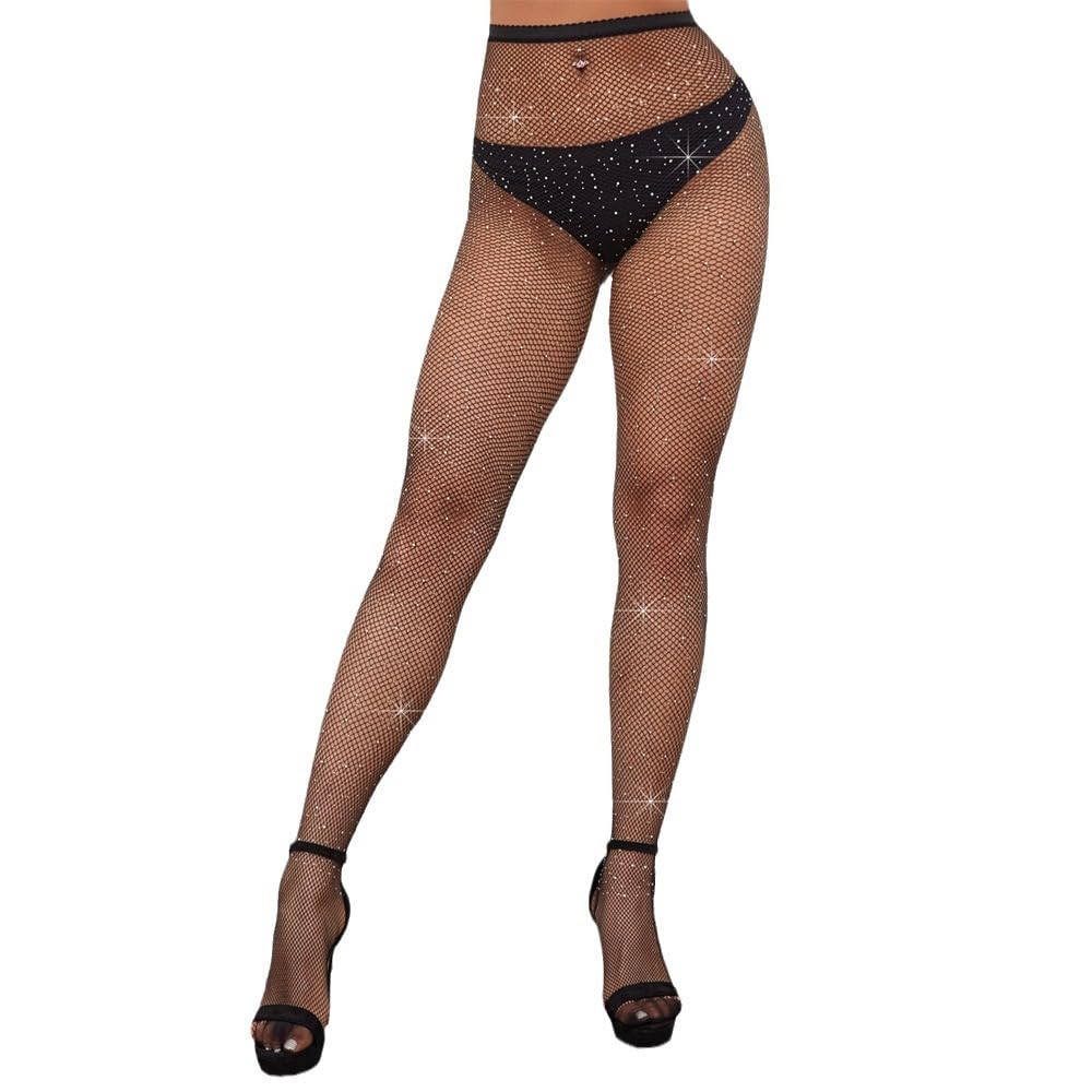 Women's Fishnet Stockings Sparkly Rhinestone Tights Black Glitter Fishnets