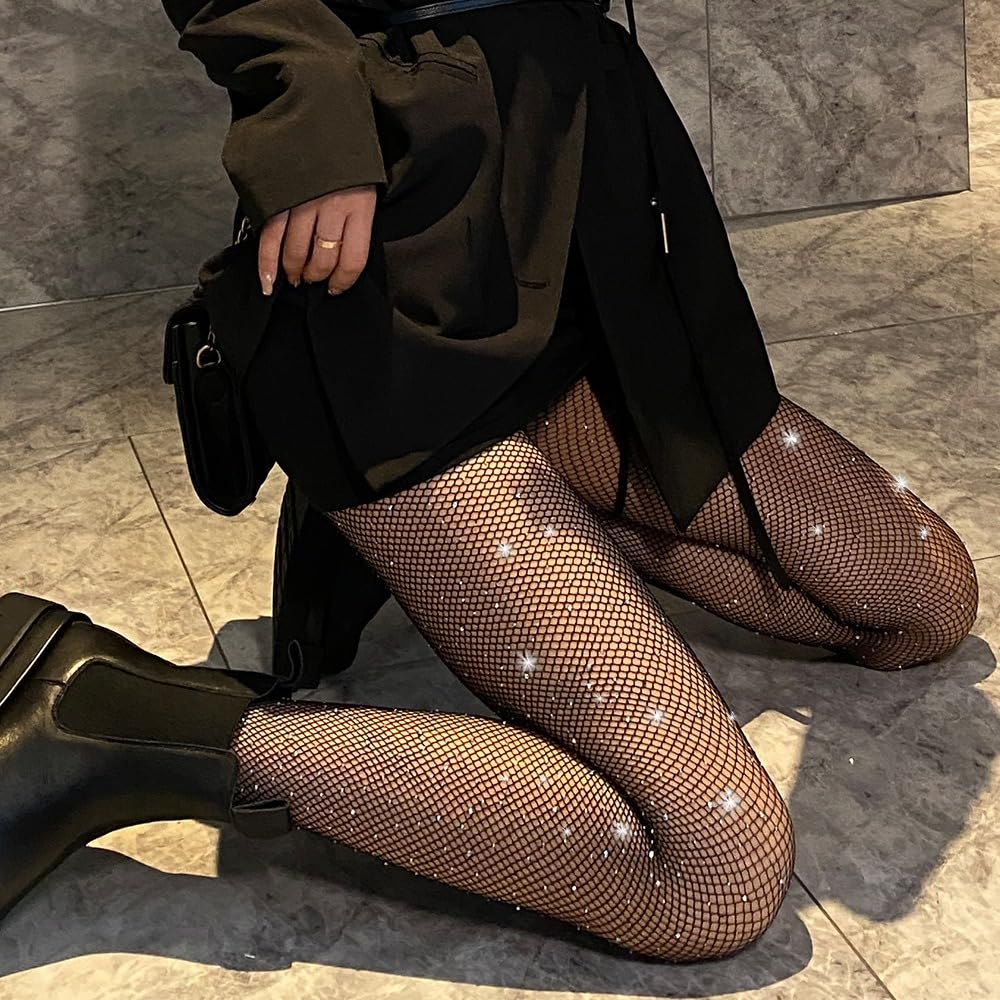 Women's Fishnet Stockings Sparkly Rhinestone Tights Black Glitter Fishnets