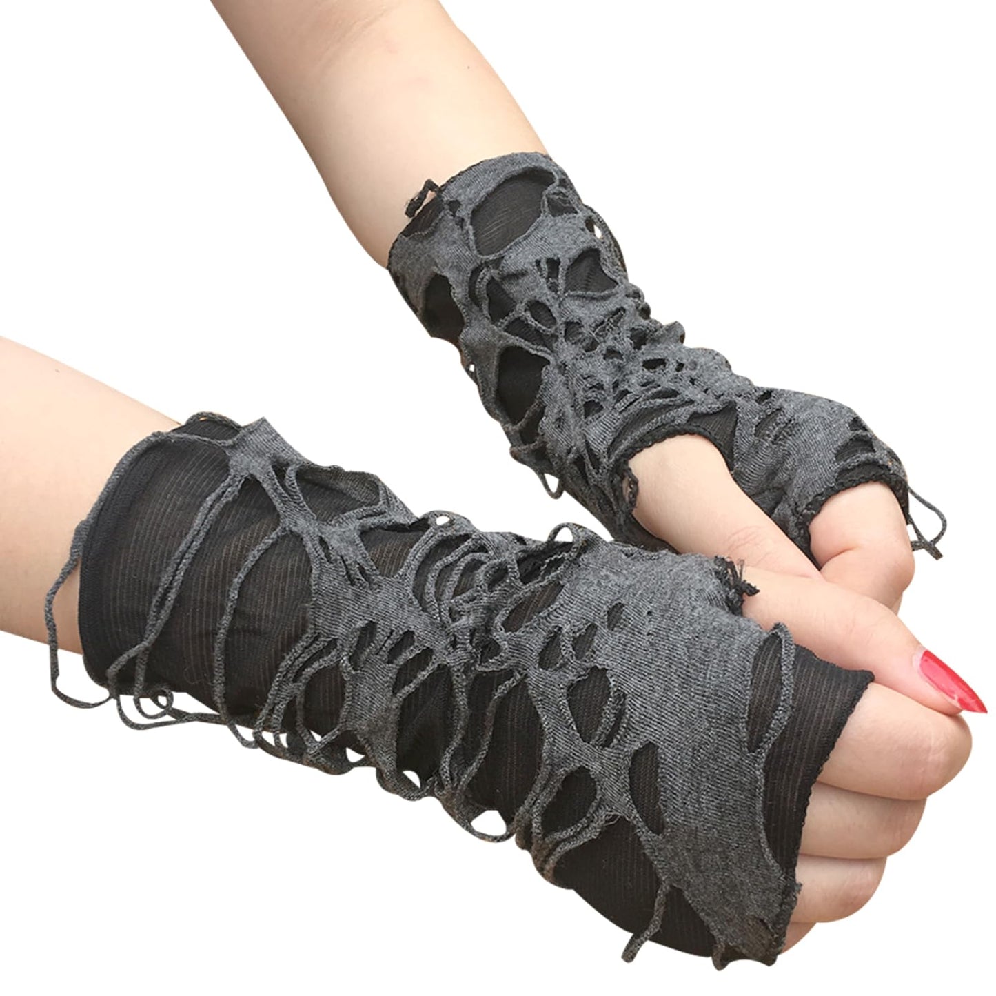 Women's Punk Fingerless Gloves Arm Warmers Black Broken Slit Ripped Gothic Gloves for Halloween Costume Party 1 Pair