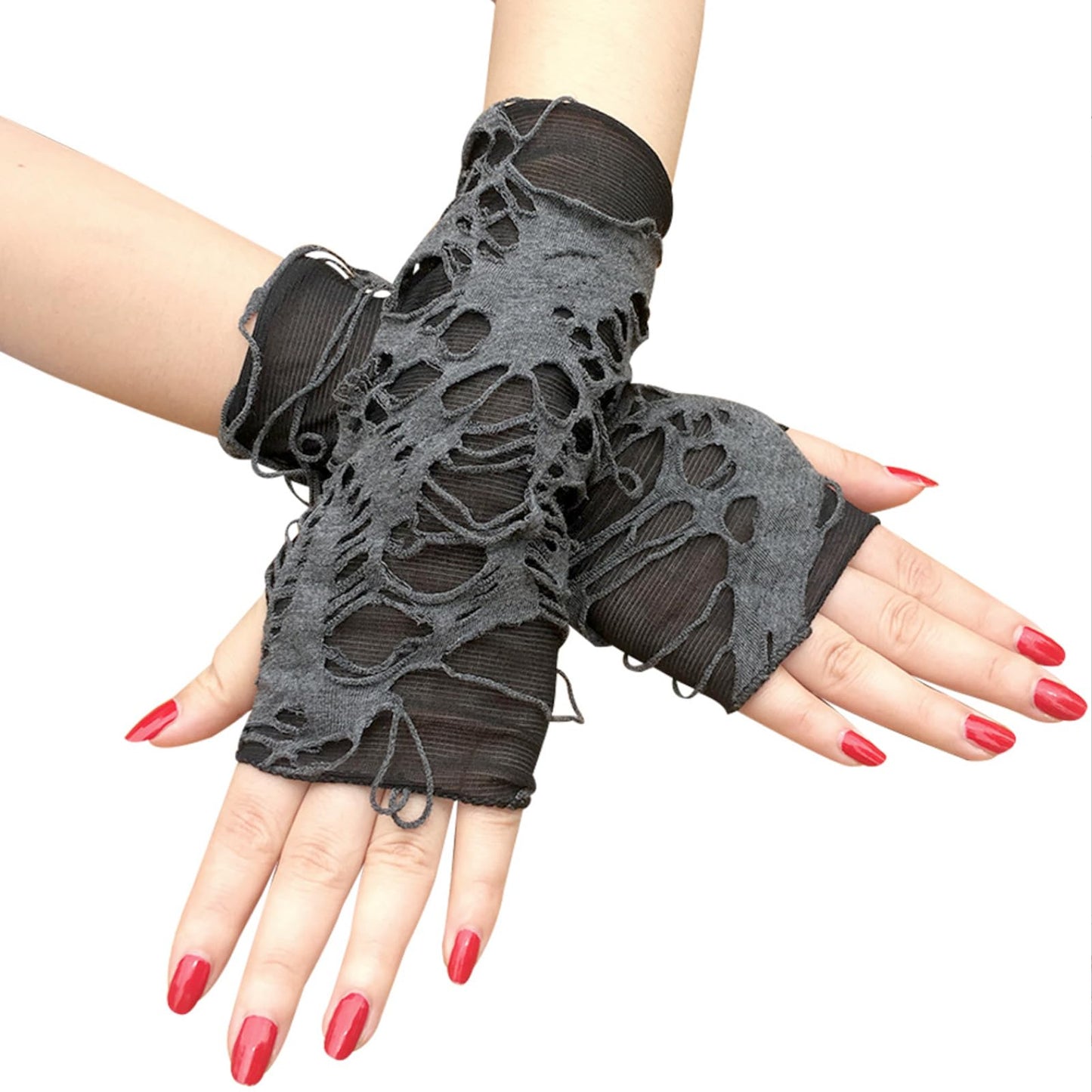 Women's Punk Fingerless Gloves Arm Warmers Black Broken Slit Ripped Gothic Gloves for Halloween Costume Party 1 Pair