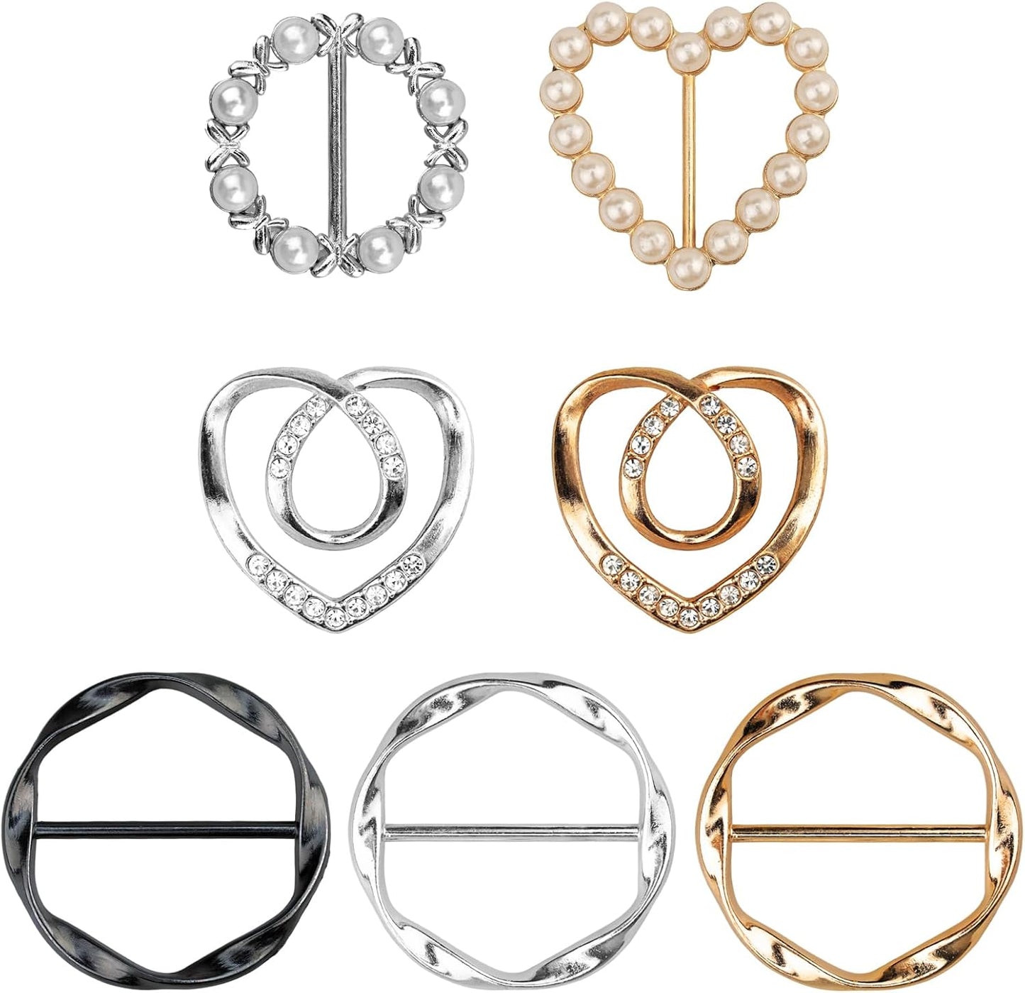 7PCS Premium Scarf Ring Clip, Cute T-Shirt Clips for Women Clothing, 4 Different Sized Shirt Ties Clips Waist Cinch Clip Buckle for Women Clothing Accessories, Gold/Silver/Black