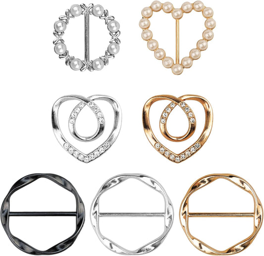 7PCS Premium Scarf Ring Clip, Cute T-Shirt Clips for Women Clothing, 4 Different Sized Shirt Ties Clips Waist Cinch Clip Buckle for Women Clothing Accessories, Gold/Silver/Black