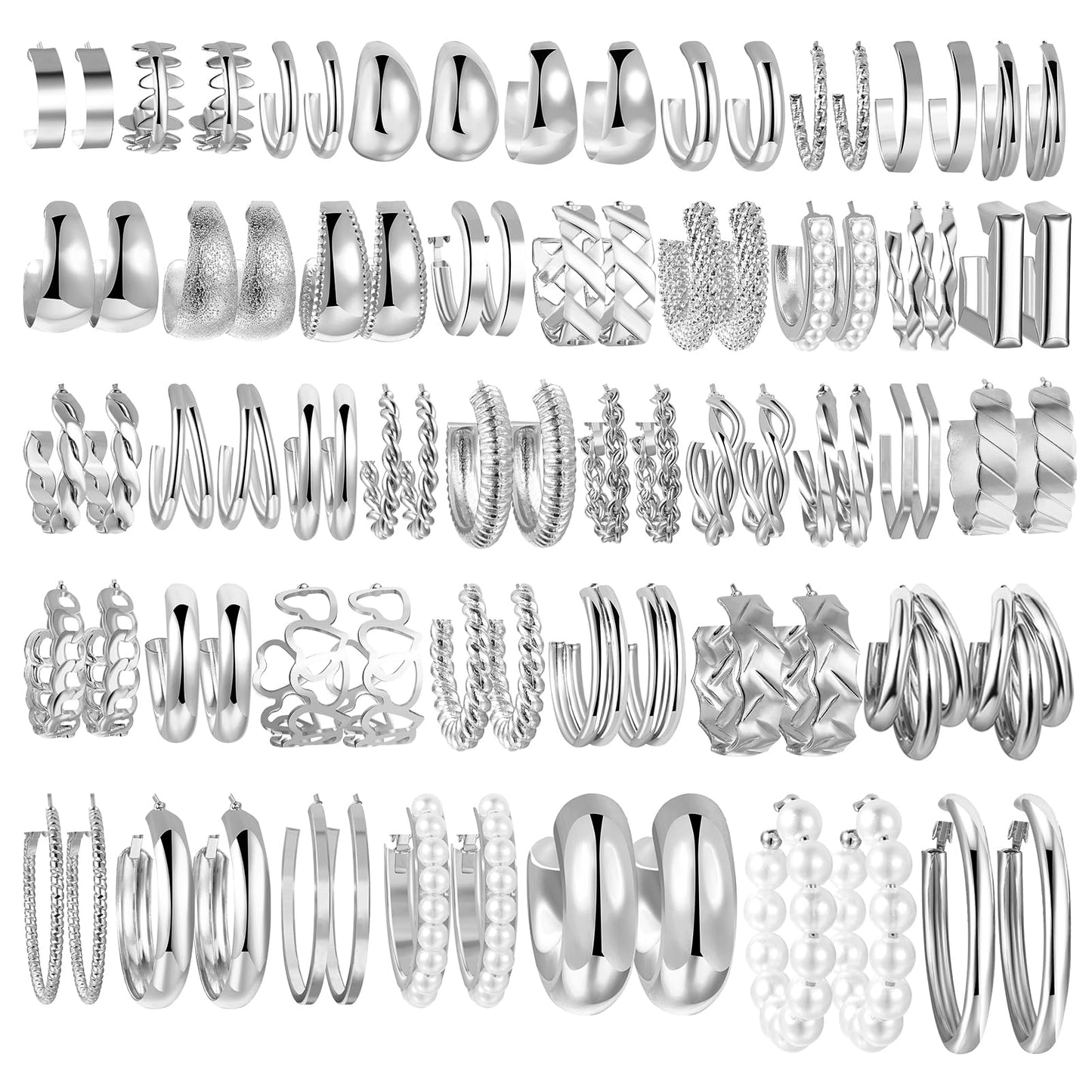 42 Pairs Gold Hoop Earrings Set for Women, Fashion Chunky Pearl Earrings Multipack Twisted Statement Earring Pack, Hypoallergenic Small Big Hoops Earrings for Birthday Party