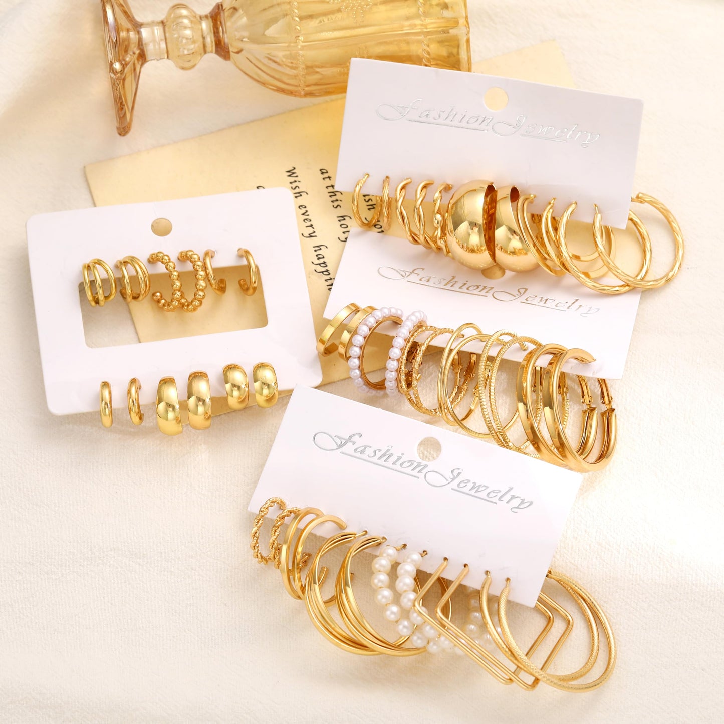 42 Pairs Gold Hoop Earrings Set for Women, Fashion Chunky Pearl Earrings Multipack Twisted Statement Earring Pack, Hypoallergenic Small Big Hoops Earrings for Birthday Party