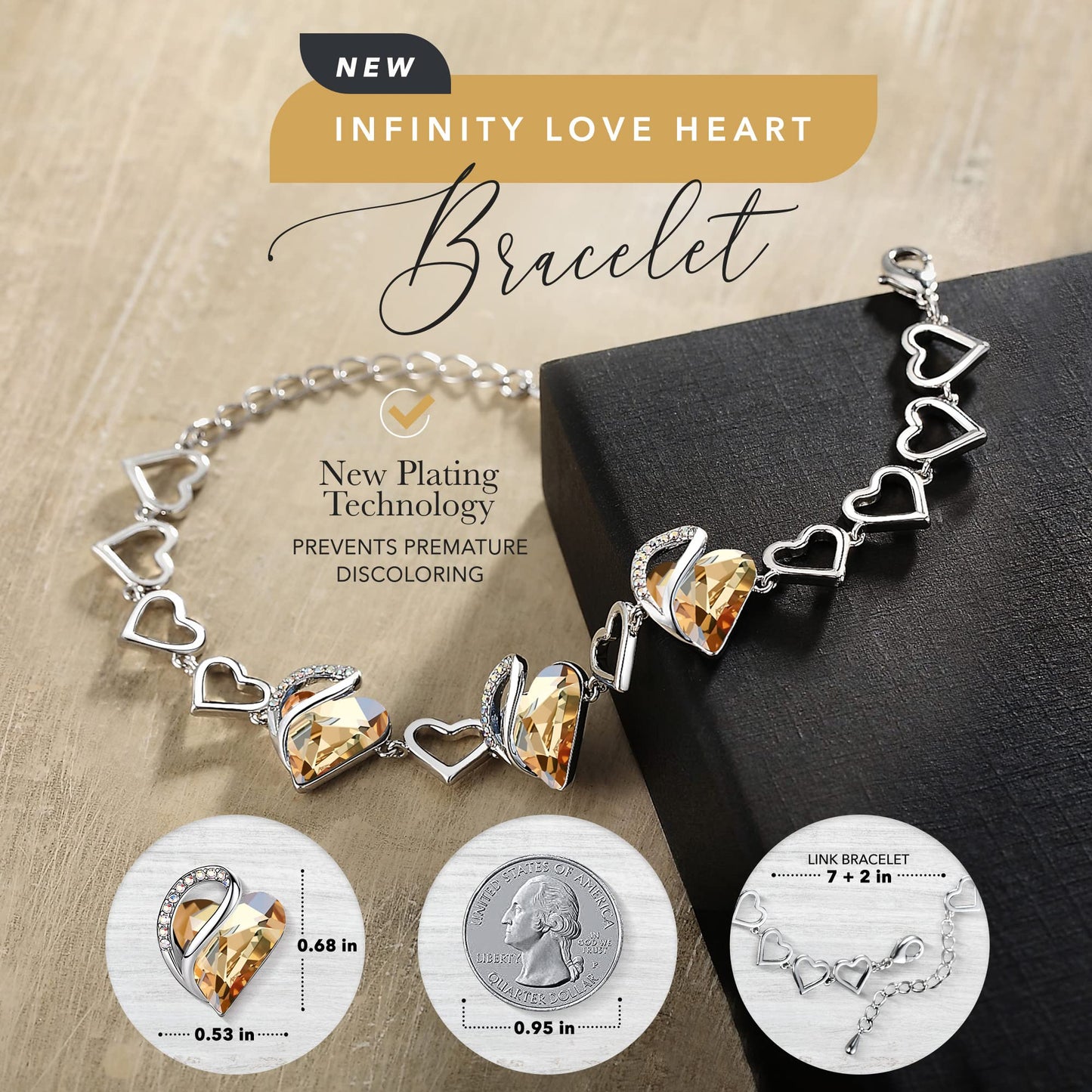 Urban Thread Infinity Love Heart Link Bracelets, Birthstone or Healing Stone Crystal Bracelet for Women, Silver Tone Jewelry Gifts for Her, 7-inch Chain and 2-inch Extender