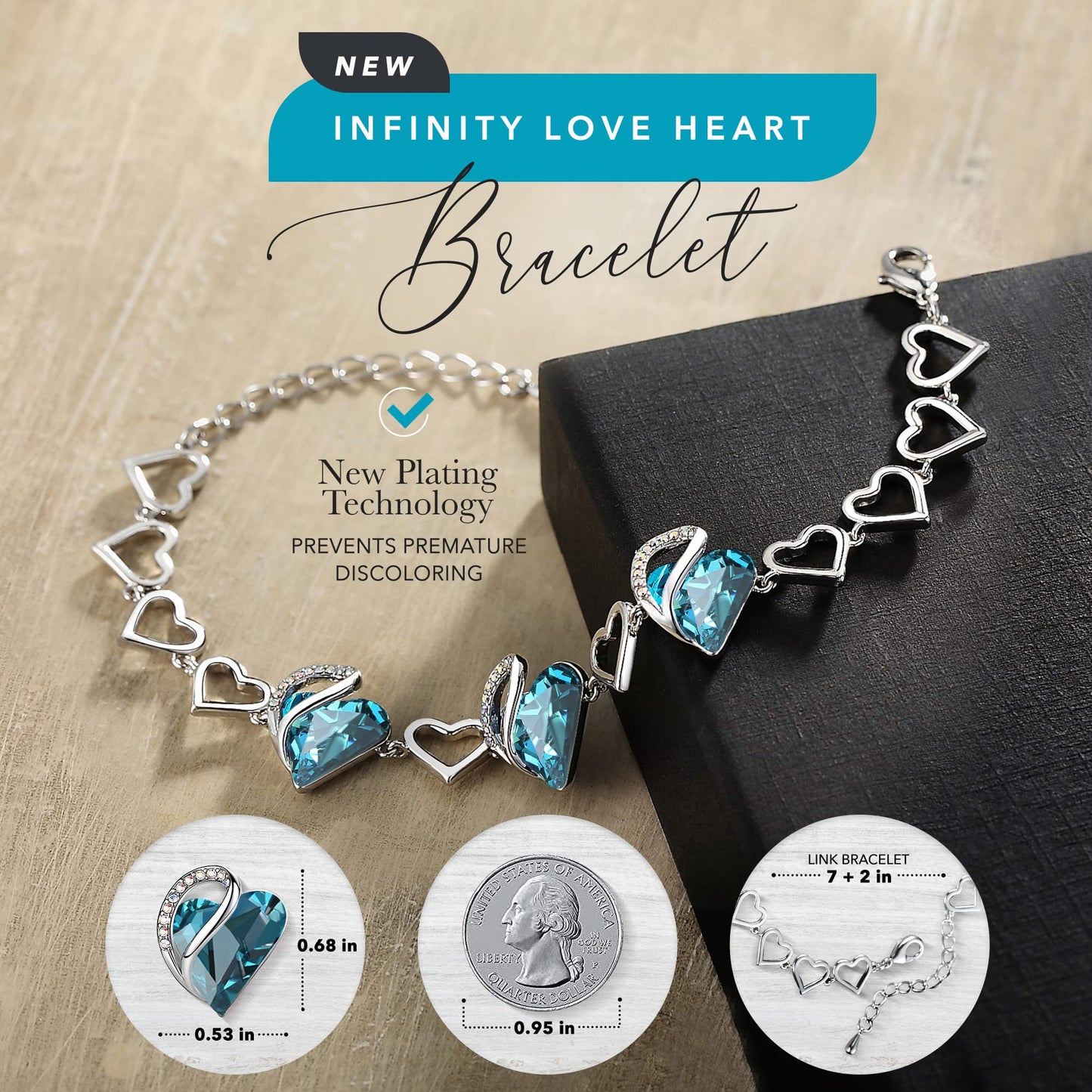Urban Thread Infinity Love Heart Link Bracelets, Birthstone or Healing Stone Crystal Bracelet for Women, Silver Tone Jewelry Gifts for Her, 7-inch Chain and 2-inch Extender