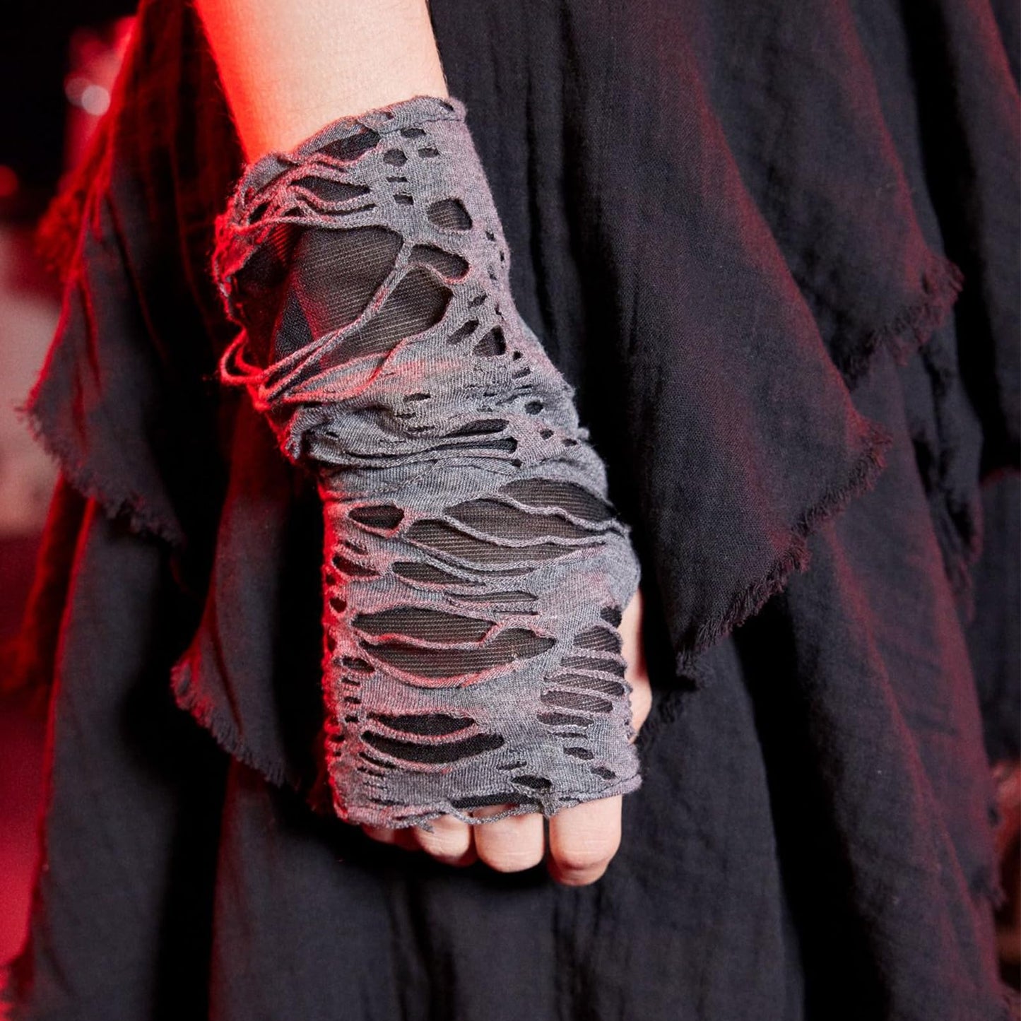 Women's Punk Fingerless Gloves Arm Warmers Black Broken Slit Ripped Gothic Gloves for Halloween Costume Party 1 Pair