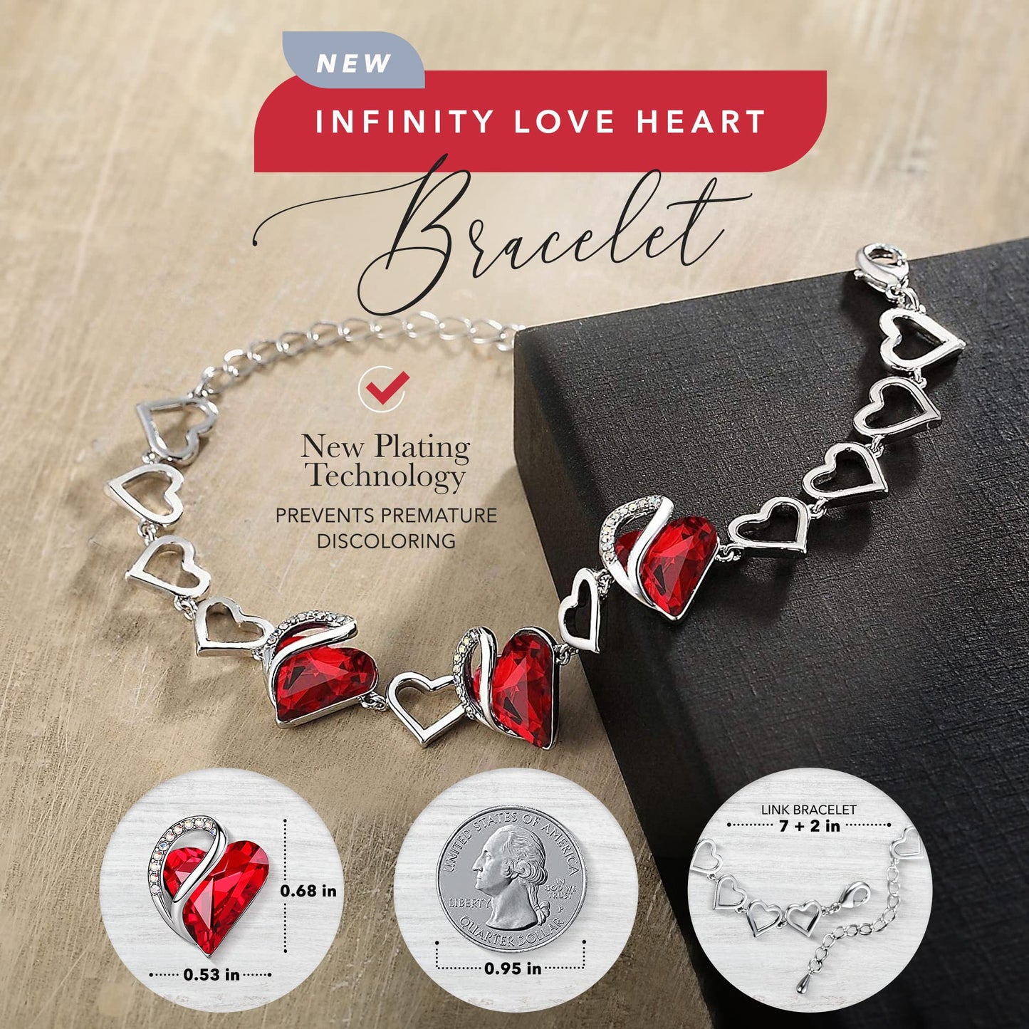 Urban Thread Infinity Love Heart Link Bracelets, Birthstone or Healing Stone Crystal Bracelet for Women, Silver Tone Jewelry Gifts for Her, 7-inch Chain and 2-inch Extender