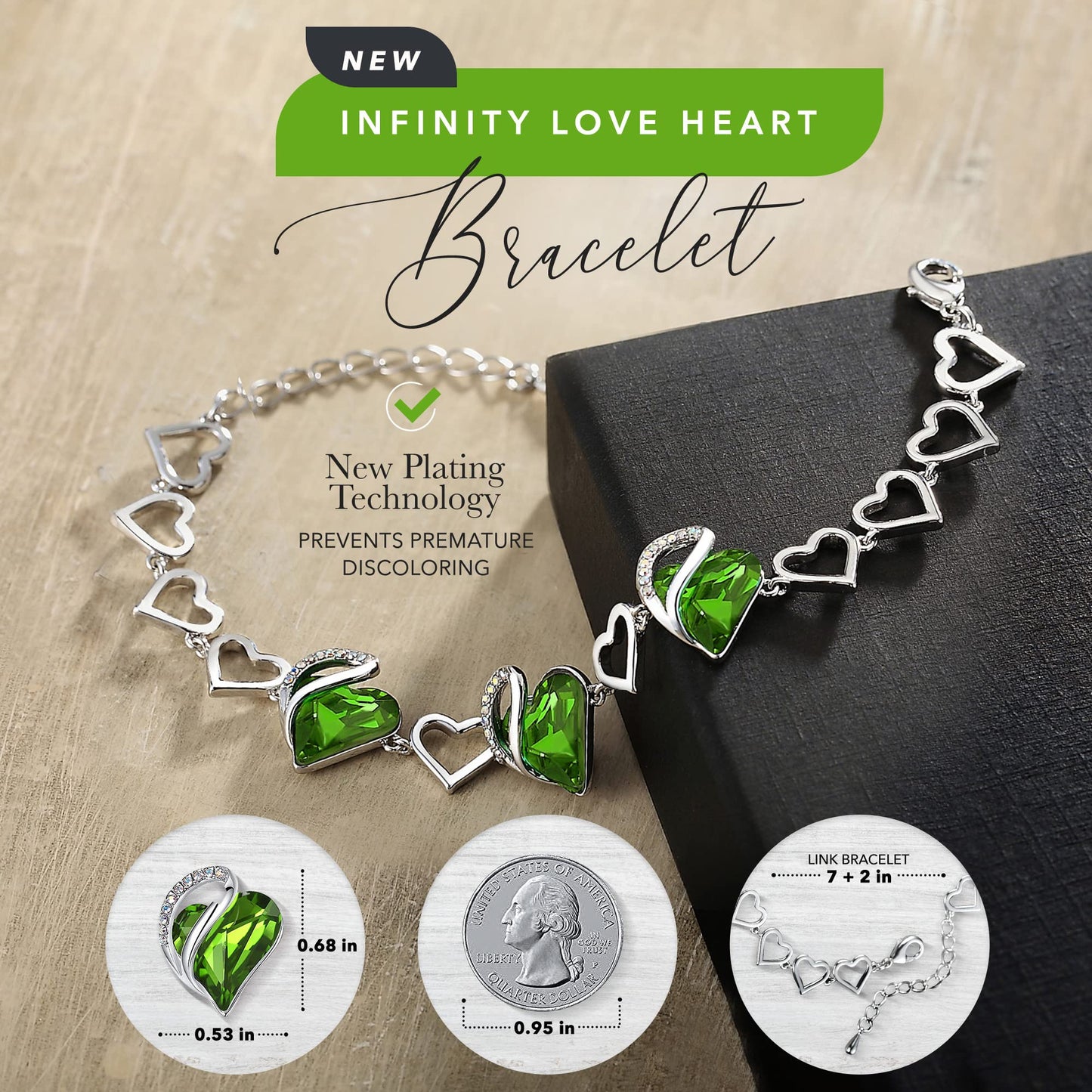 Urban Thread Infinity Love Heart Link Bracelets, Birthstone or Healing Stone Crystal Bracelet for Women, Silver Tone Jewelry Gifts for Her, 7-inch Chain and 2-inch Extender