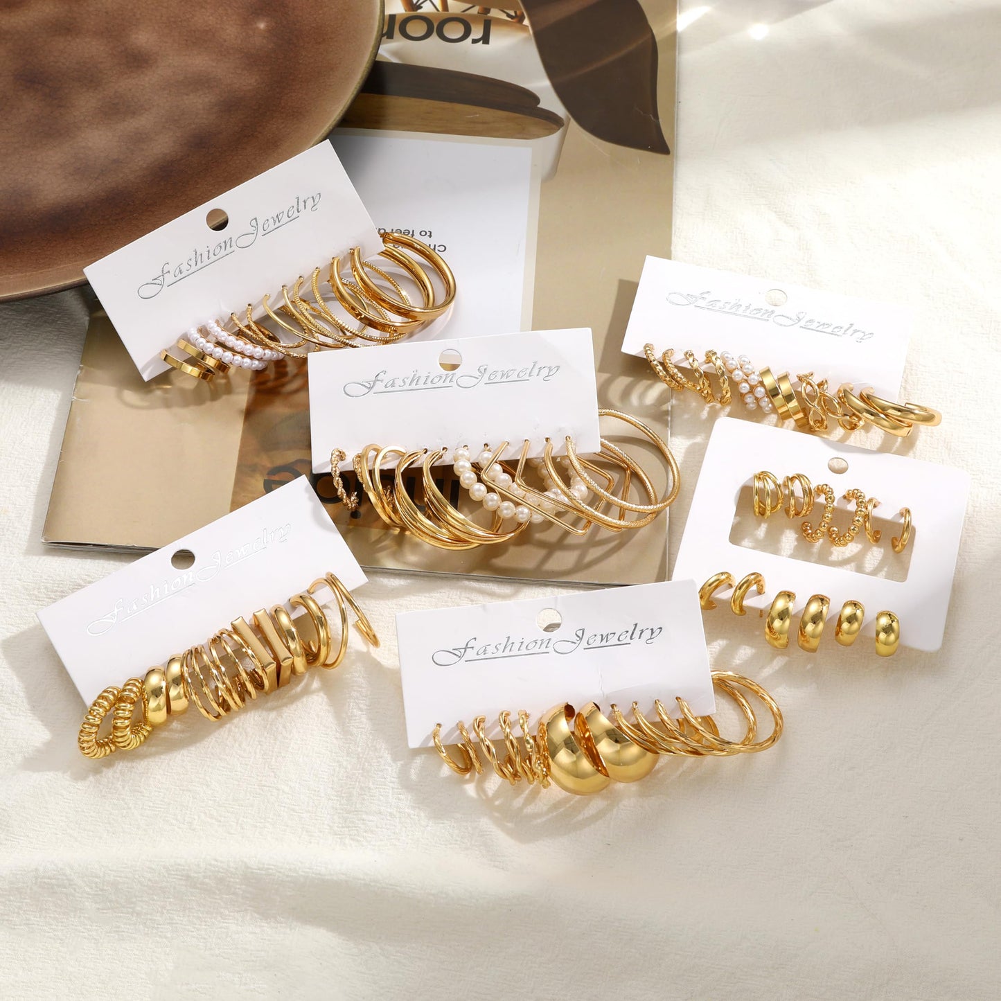 42 Pairs Gold Hoop Earrings Set for Women, Fashion Chunky Pearl Earrings Multipack Twisted Statement Earring Pack, Hypoallergenic Small Big Hoops Earrings for Birthday Party