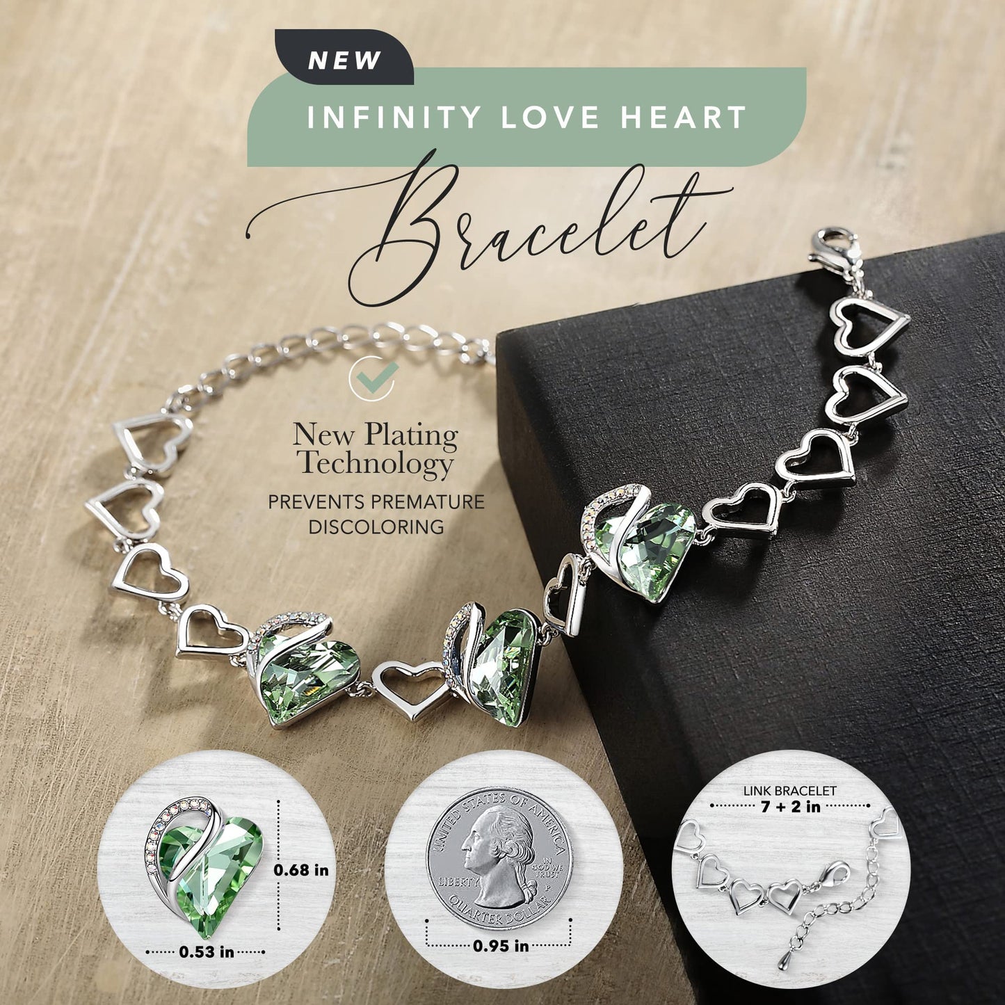 Urban Thread Infinity Love Heart Link Bracelets, Birthstone or Healing Stone Crystal Bracelet for Women, Silver Tone Jewelry Gifts for Her, 7-inch Chain and 2-inch Extender