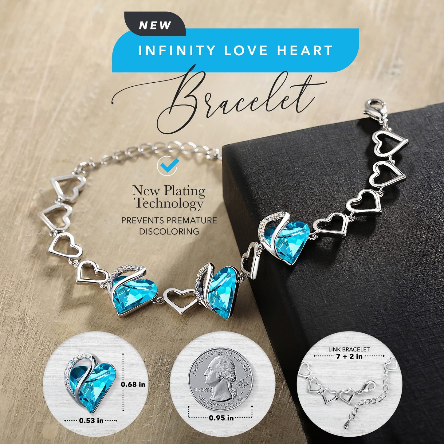 Urban Thread Infinity Love Heart Link Bracelets, Birthstone or Healing Stone Crystal Bracelet for Women, Silver Tone Jewelry Gifts for Her, 7-inch Chain and 2-inch Extender