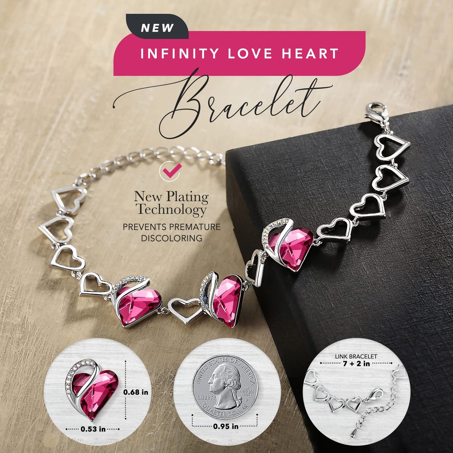 Urban Thread Infinity Love Heart Link Bracelets, Birthstone or Healing Stone Crystal Bracelet for Women, Silver Tone Jewelry Gifts for Her, 7-inch Chain and 2-inch Extender