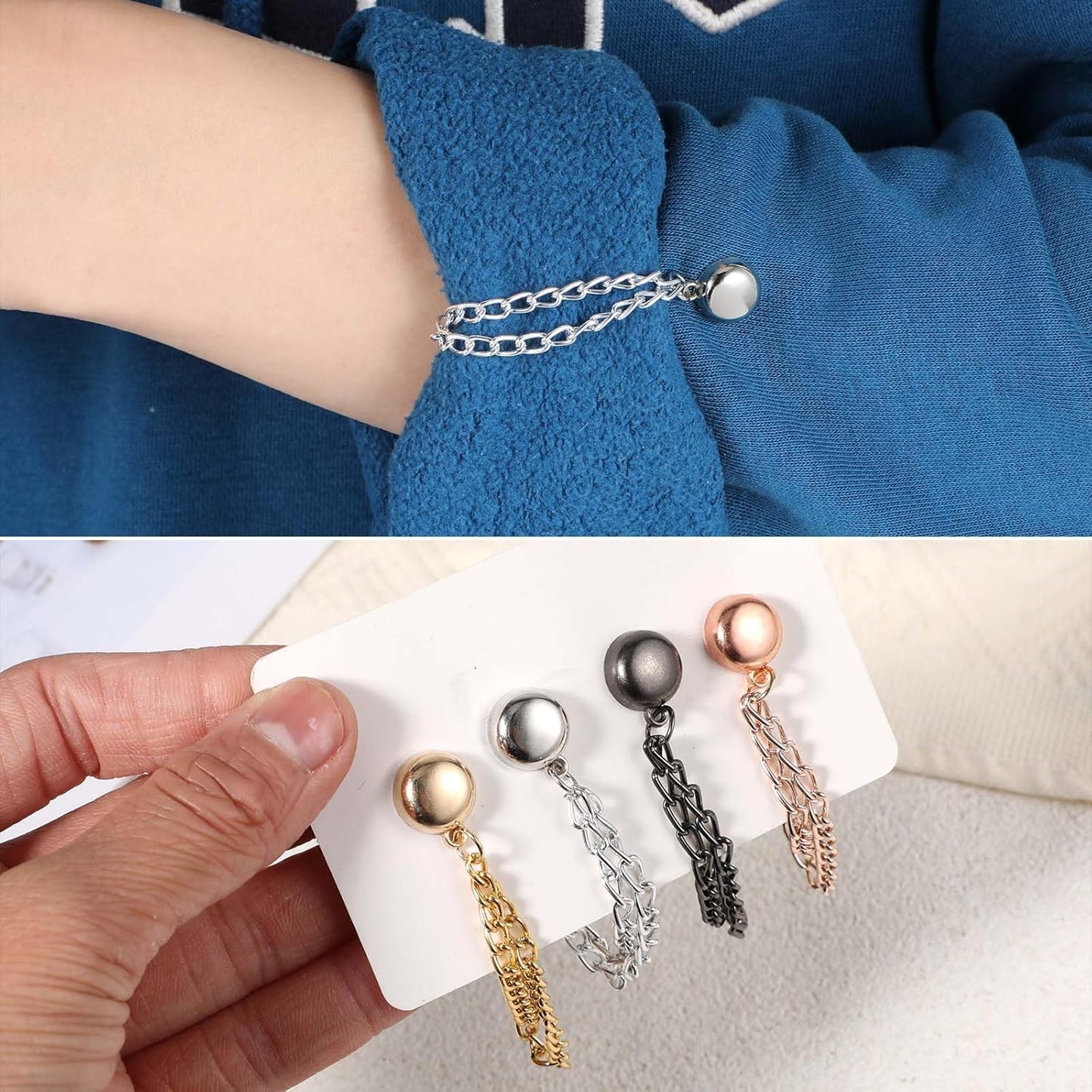 12PCS Metal Clothes Pins with Chain, Multi-Use Clothing Clips for Hijab Scarf, Muslim Dress, Shirt Sleeves & Hem, 4 Colors, Fashion Accessories for Women Sleeve Clips