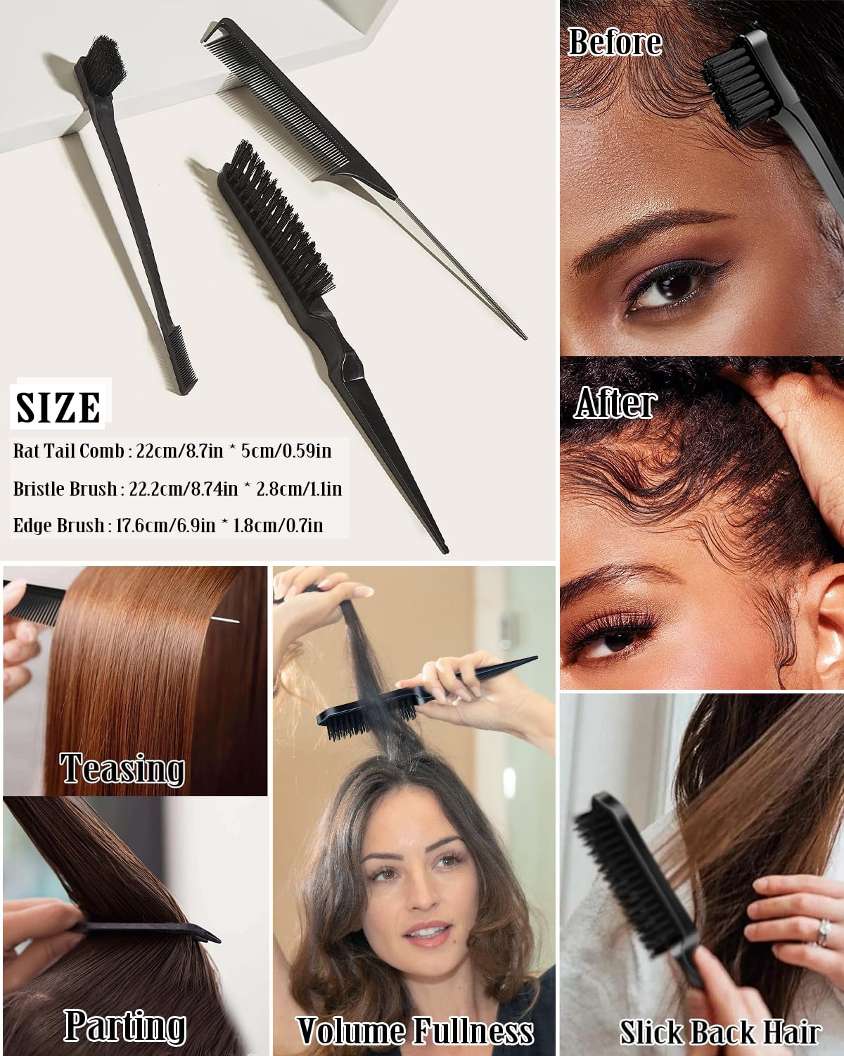 Slick Back Hair Brush & Hair Wax Stick Set - Tames Frizz & Smooths Flyaways - Sleek Ponytails, Buns, Edges - Styling Cream/Gel/Balm/Pomade Stick for Women - Styling Accessories for Girls & Kids