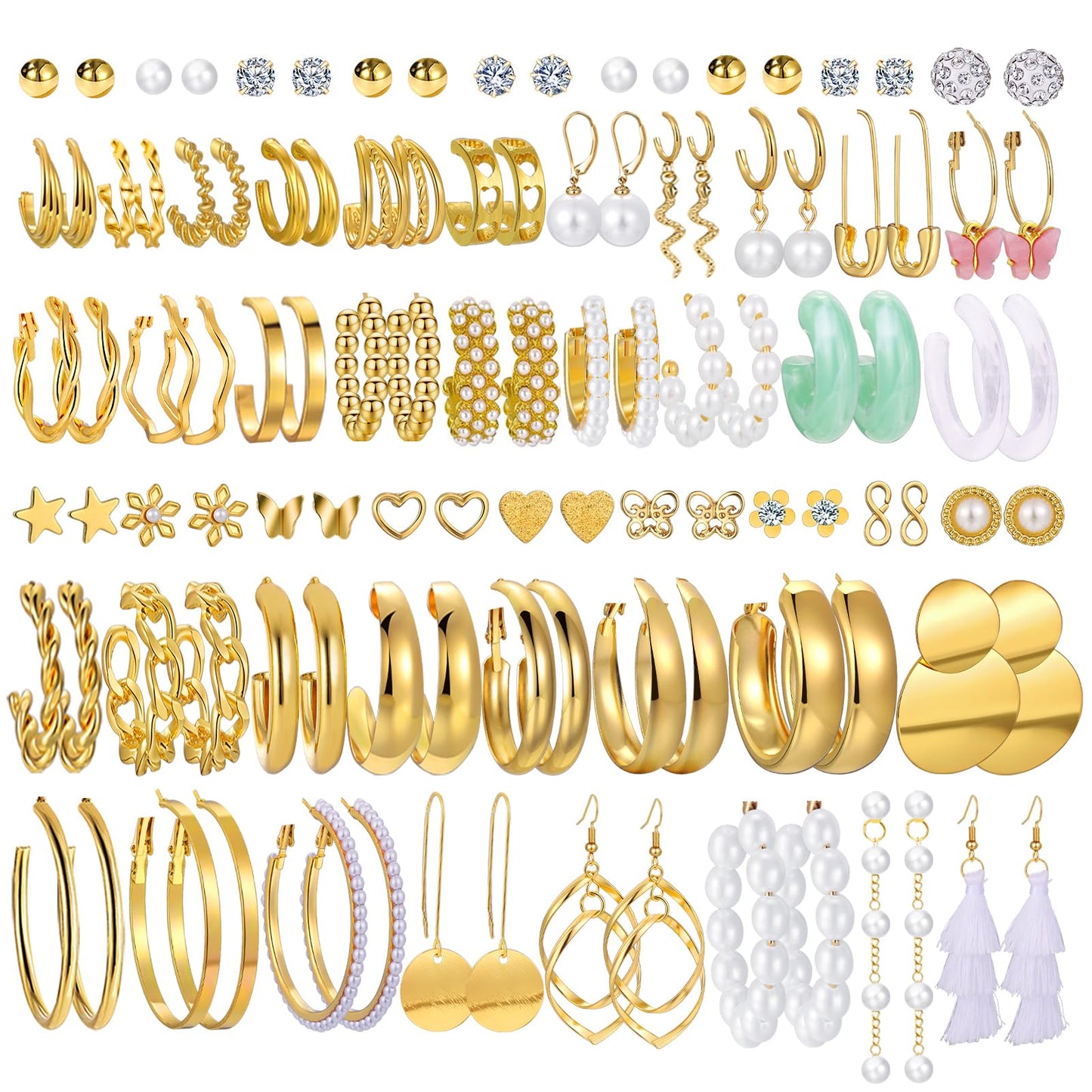 42 Pairs Gold Hoop Earrings Set for Women, Fashion Chunky Pearl Earrings Multipack Twisted Statement Earring Pack, Hypoallergenic Small Big Hoops Earrings for Birthday Party