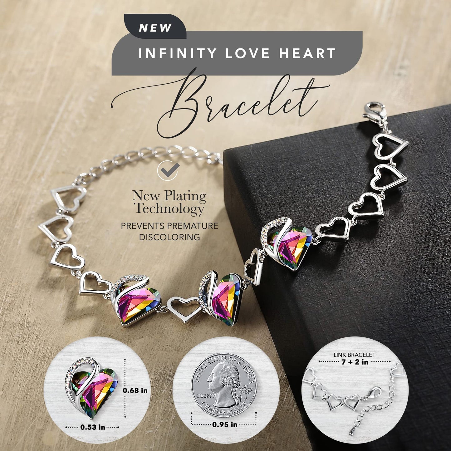 Urban Thread Infinity Love Heart Link Bracelets, Birthstone or Healing Stone Crystal Bracelet for Women, Silver Tone Jewelry Gifts for Her, 7-inch Chain and 2-inch Extender