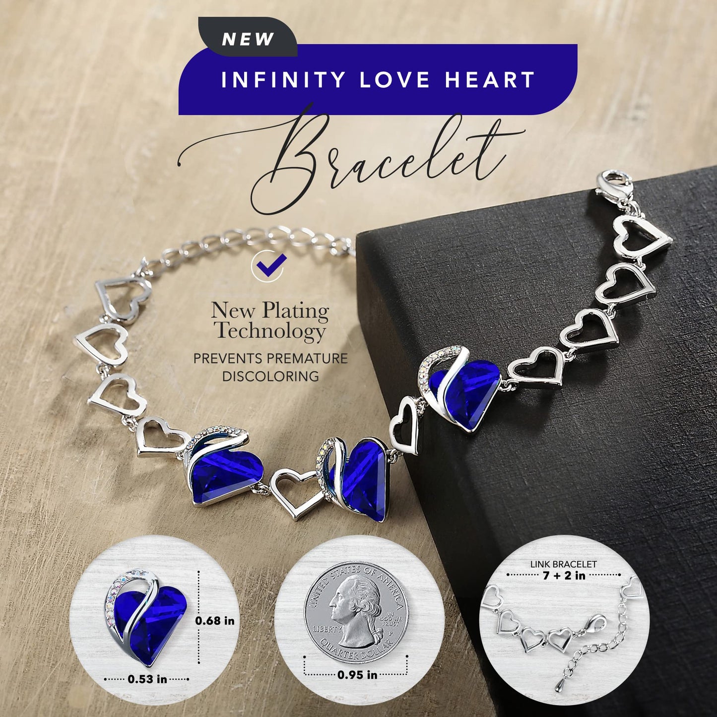 Urban Thread Infinity Love Heart Link Bracelets, Birthstone or Healing Stone Crystal Bracelet for Women, Silver Tone Jewelry Gifts for Her, 7-inch Chain and 2-inch Extender
