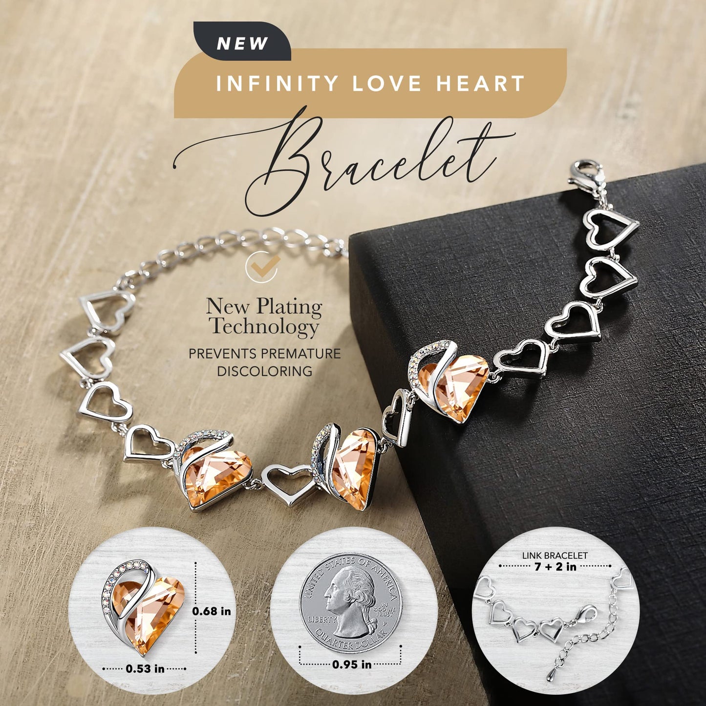 Urban Thread Infinity Love Heart Link Bracelets, Birthstone or Healing Stone Crystal Bracelet for Women, Silver Tone Jewelry Gifts for Her, 7-inch Chain and 2-inch Extender