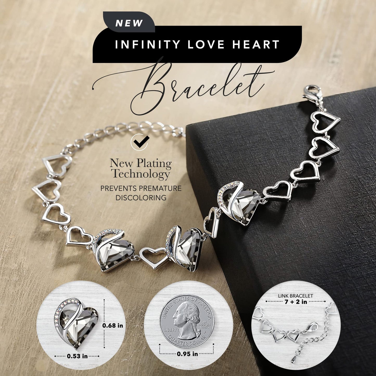 Urban Thread Infinity Love Heart Link Bracelets, Birthstone or Healing Stone Crystal Bracelet for Women, Silver Tone Jewelry Gifts for Her, 7-inch Chain and 2-inch Extender