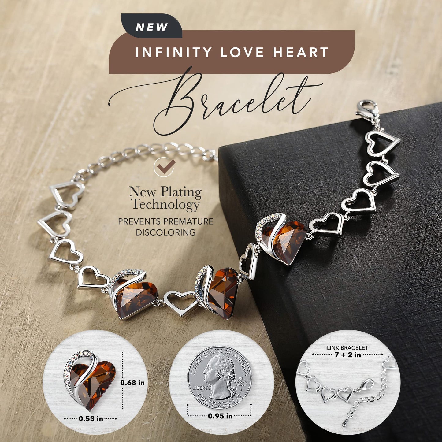 Urban Thread Infinity Love Heart Link Bracelets, Birthstone or Healing Stone Crystal Bracelet for Women, Silver Tone Jewelry Gifts for Her, 7-inch Chain and 2-inch Extender