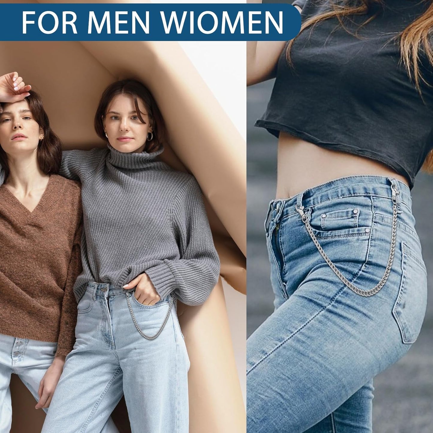 Pocket Chain, Heavy Duty Pants Chain, Punk Hip Hop Goth Wallet Chains with Lobster Clasps for Women Men Clothing Accessories(Silver, 20.08 x 0.39inch)