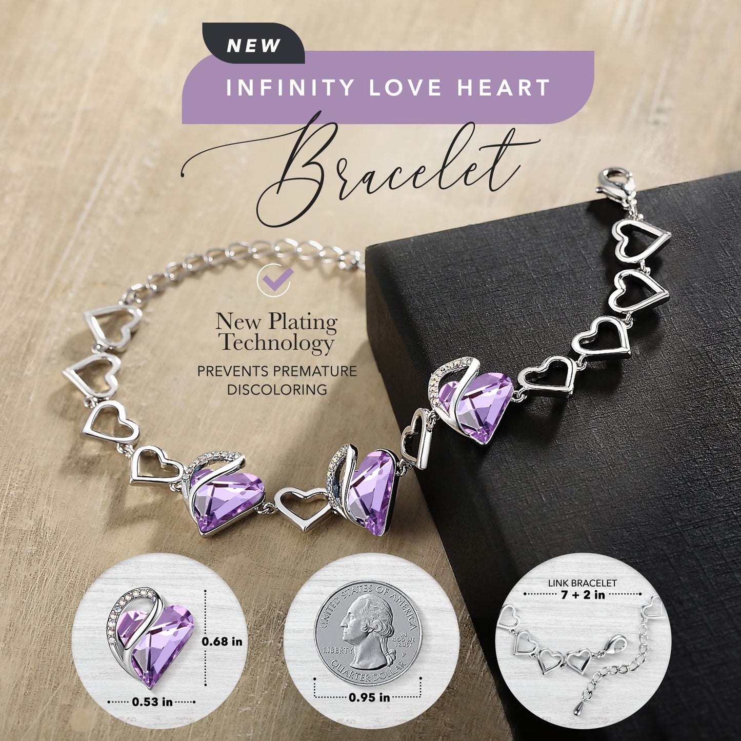 Urban Thread Infinity Love Heart Link Bracelets, Birthstone or Healing Stone Crystal Bracelet for Women, Silver Tone Jewelry Gifts for Her, 7-inch Chain and 2-inch Extender