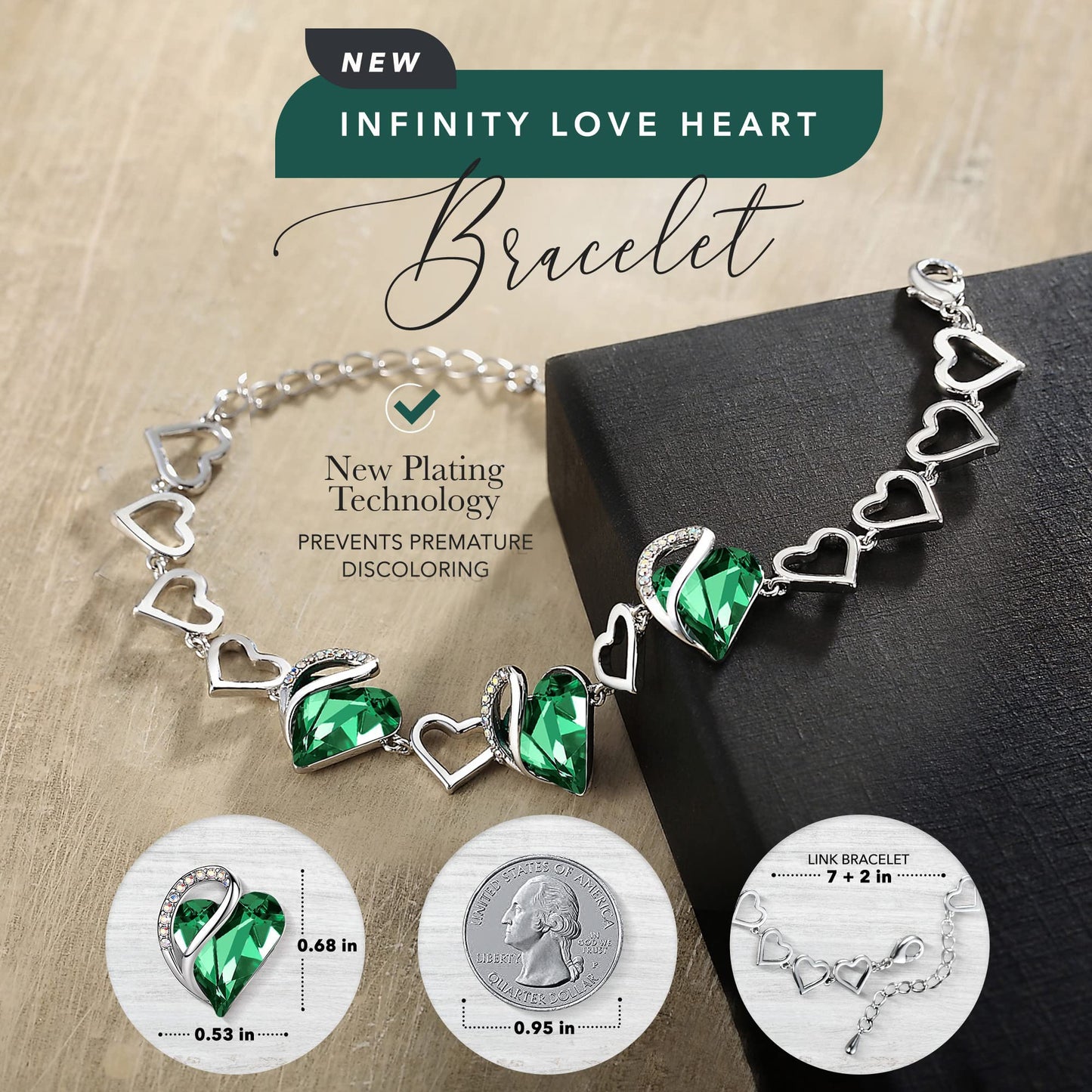 Urban Thread Infinity Love Heart Link Bracelets, Birthstone or Healing Stone Crystal Bracelet for Women, Silver Tone Jewelry Gifts for Her, 7-inch Chain and 2-inch Extender