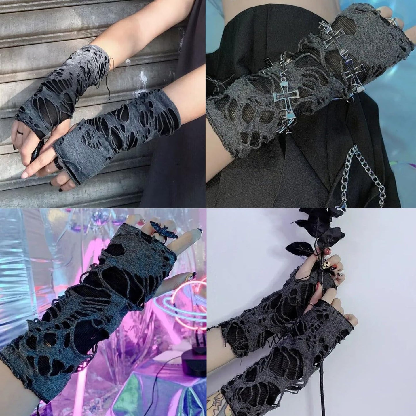 Women's Punk Fingerless Gloves Arm Warmers Black Broken Slit Ripped Gothic Gloves for Halloween Costume Party 1 Pair
