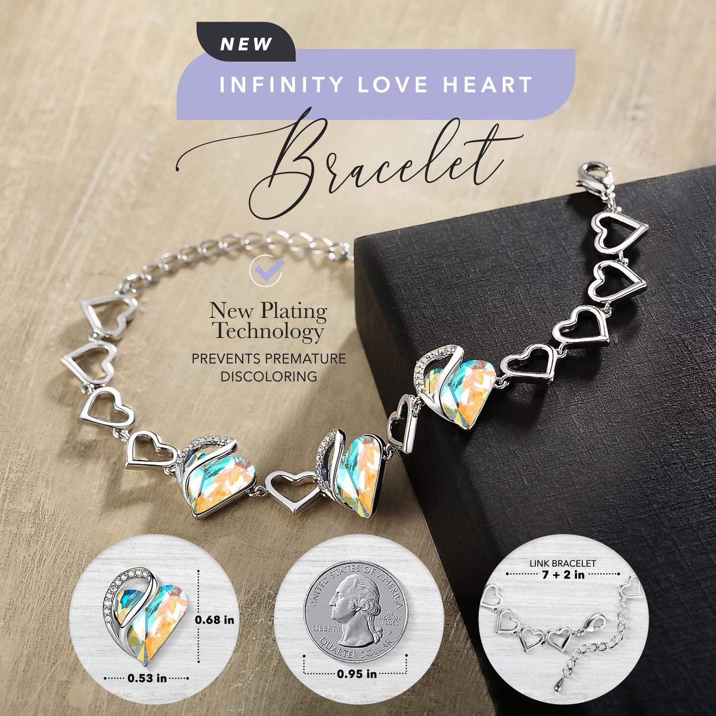Urban Thread Infinity Love Heart Link Bracelets, Birthstone or Healing Stone Crystal Bracelet for Women, Silver Tone Jewelry Gifts for Her, 7-inch Chain and 2-inch Extender