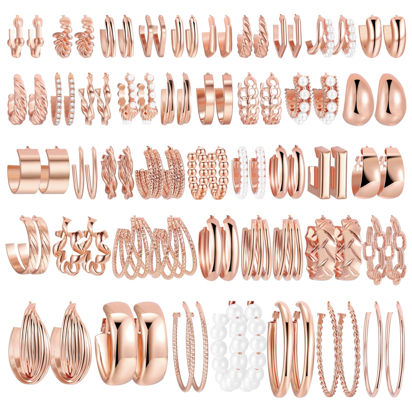 42 Pairs Gold Hoop Earrings Set for Women, Fashion Chunky Pearl Earrings Multipack Twisted Statement Earring Pack, Hypoallergenic Small Big Hoops Earrings for Birthday Party