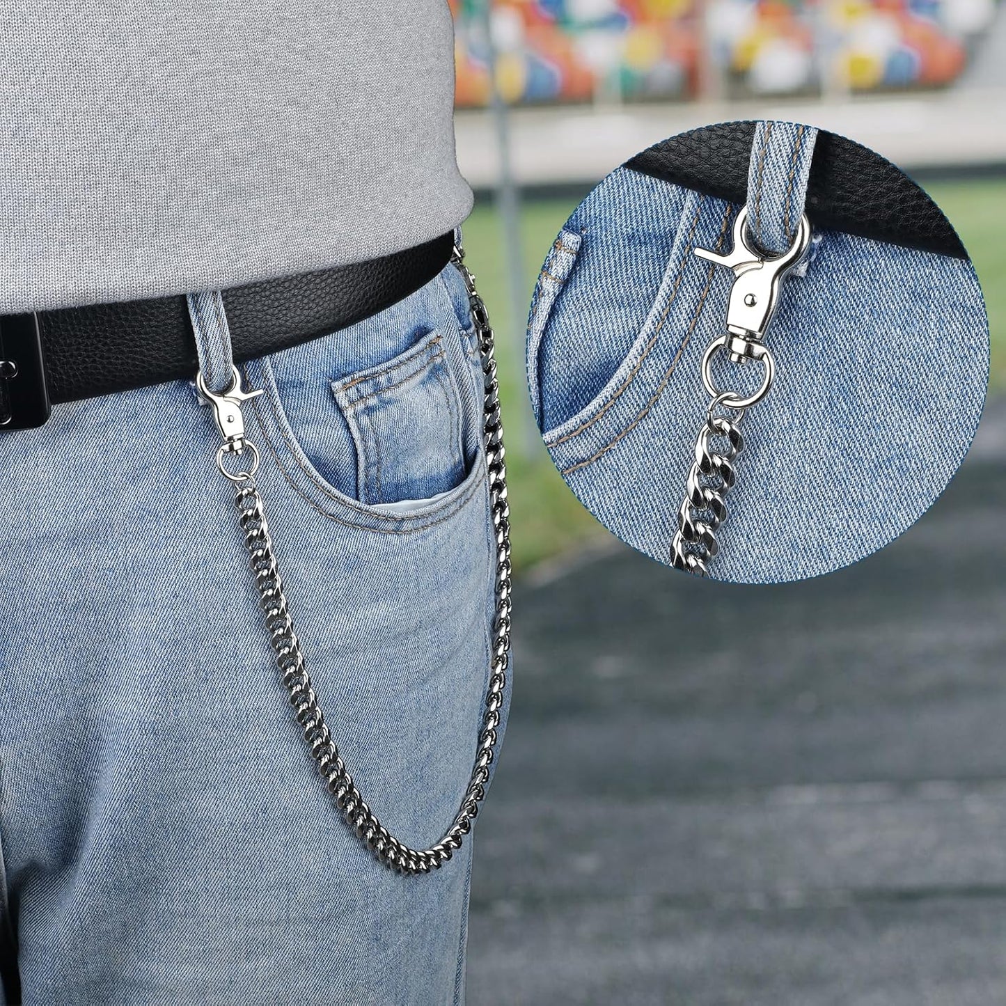 Pocket Chain, Heavy Duty Pants Chain, Punk Hip Hop Goth Wallet Chains with Lobster Clasps for Women Men Clothing Accessories(Silver, 20.08 x 0.39inch)