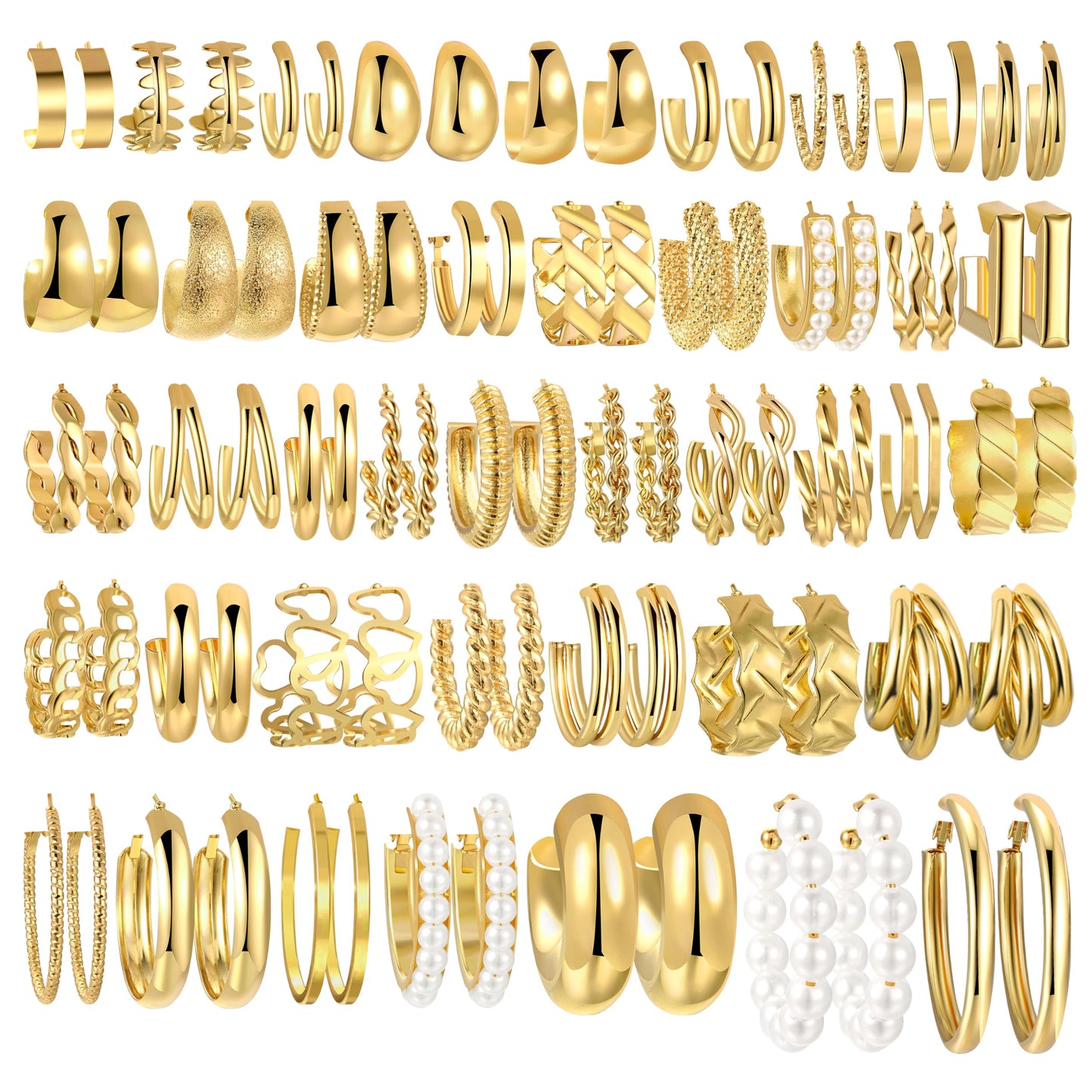 42 Pairs Gold Hoop Earrings Set for Women, Fashion Chunky Pearl Earrings Multipack Twisted Statement Earring Pack, Hypoallergenic Small Big Hoops Earrings for Birthday Party