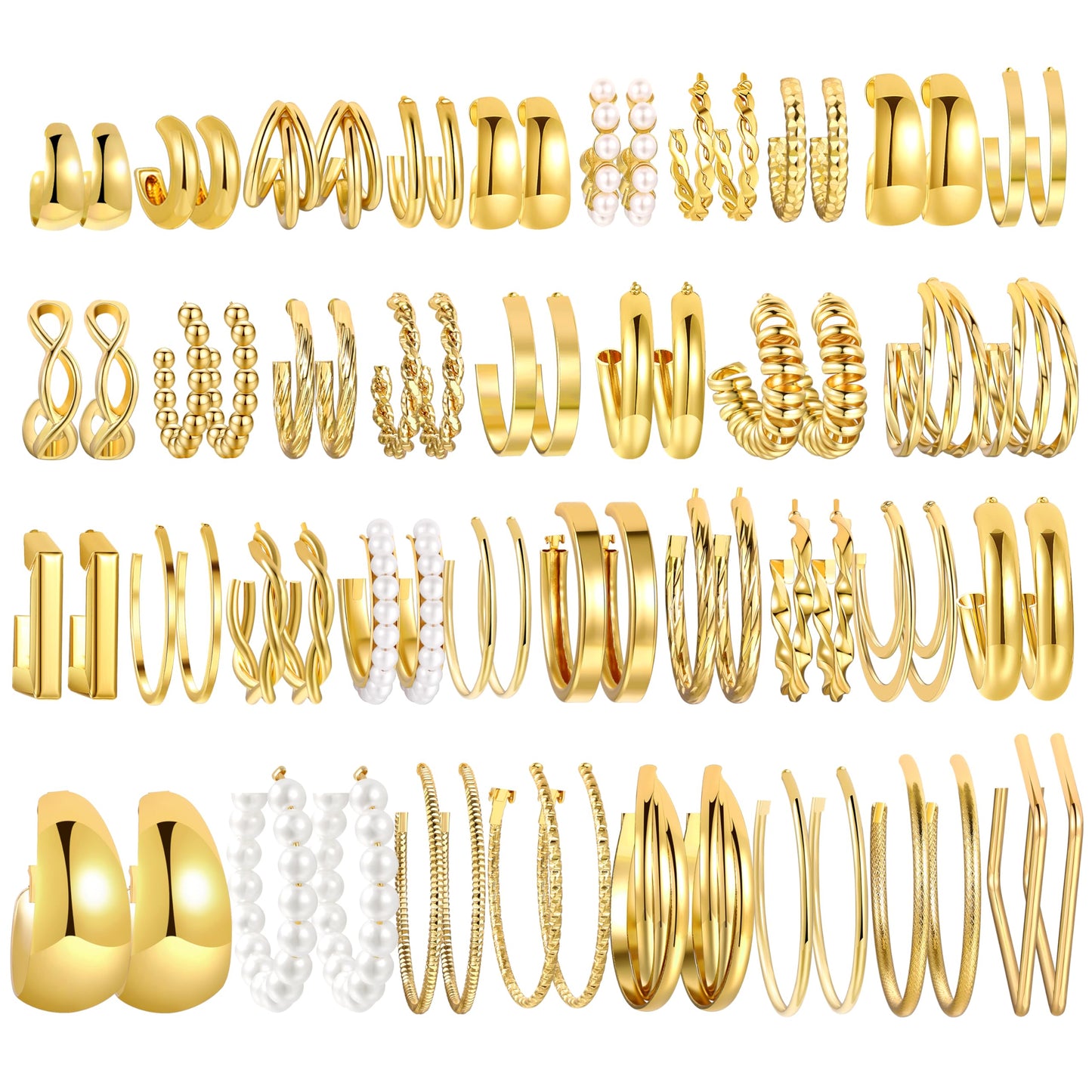 42 Pairs Gold Hoop Earrings Set for Women, Fashion Chunky Pearl Earrings Multipack Twisted Statement Earring Pack, Hypoallergenic Small Big Hoops Earrings for Birthday Party