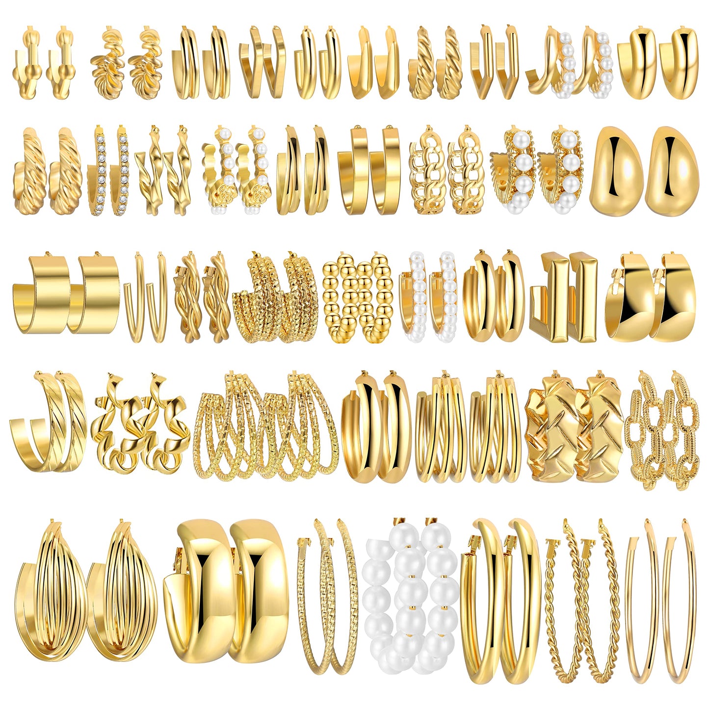 42 Pairs Gold Hoop Earrings Set for Women, Fashion Chunky Pearl Earrings Multipack Twisted Statement Earring Pack, Hypoallergenic Small Big Hoops Earrings for Birthday Party